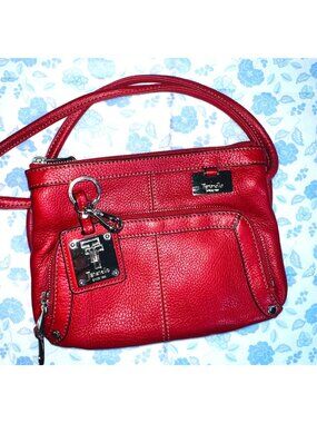 Tignanello Red Leather Crossbody Bag With Silver Hardware & Chain Print Lining